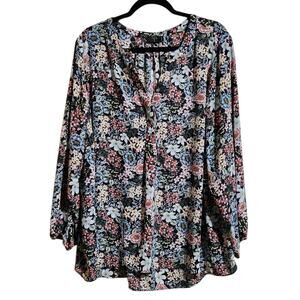 Tahari Tunic Woman Plus Sz 3X Floral Black Popover Long Sleeve Artsy Flowy Boho